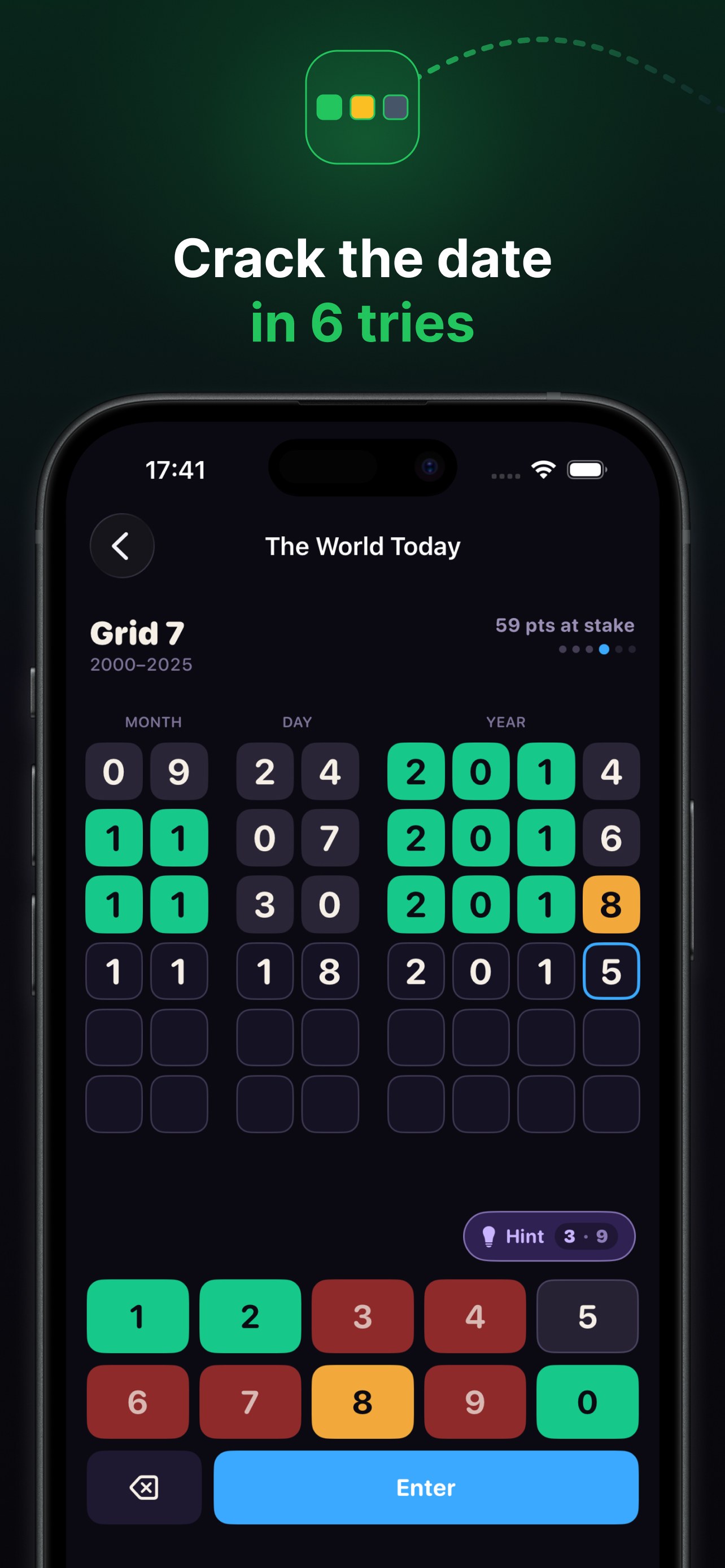 Dateo gameplay: a date guessed digit by digit